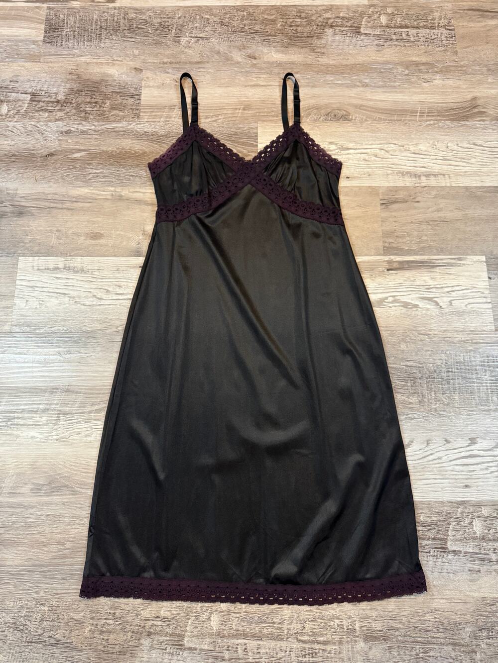 Vintage 60s 70s Black Nylon Full Slip Nightgown Lace Lingerie Gothic Size 36 S